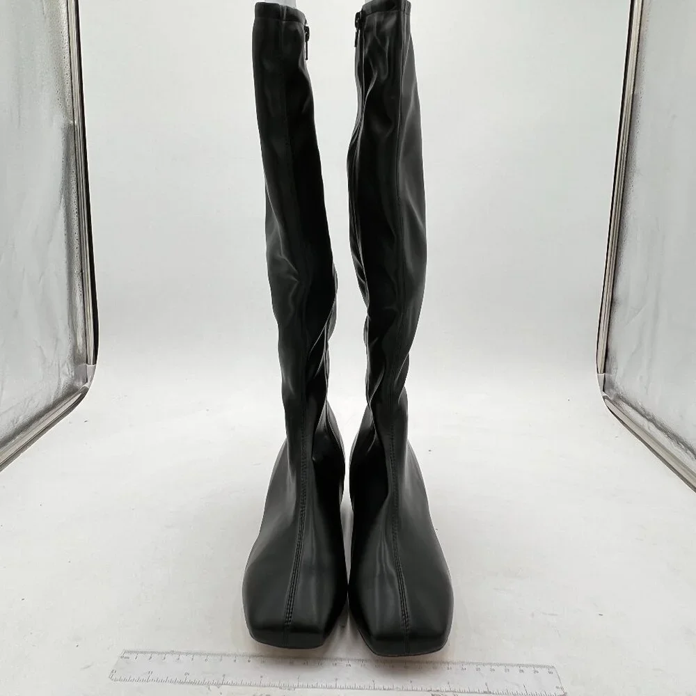 Black Women Stylish Square Toe Block Low Heel Side Zipper Knee High Riding Boots